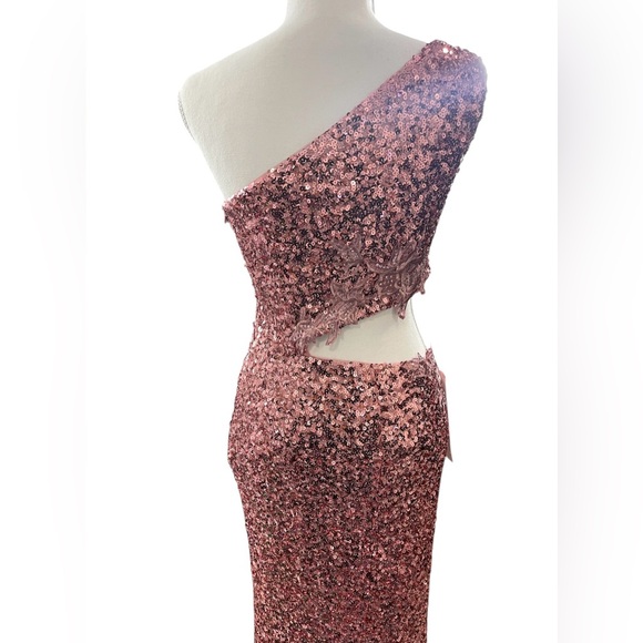 NWT Terani Couture One Shoulder Pink Sequin Cut Out Formal‎ Maxi Gown Glamour - Picture 6 of 13